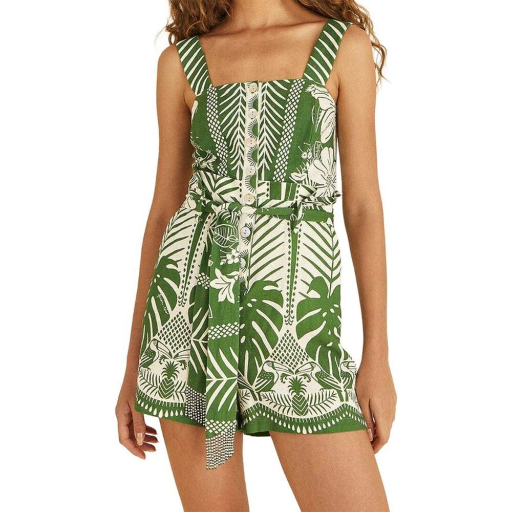 FARM Rio Green & White Tropical Print Tie-Waist Romper